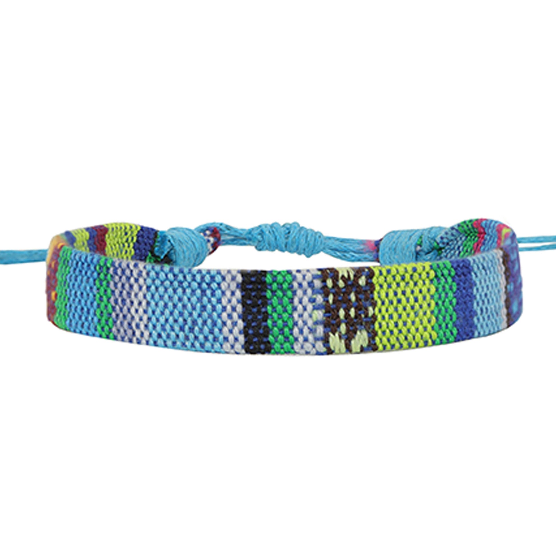 A handmade woven friendship bracelet with a multicolor striped pattern and turquoise blue adjustable cord sliding knot closure, shown on a plain white background.