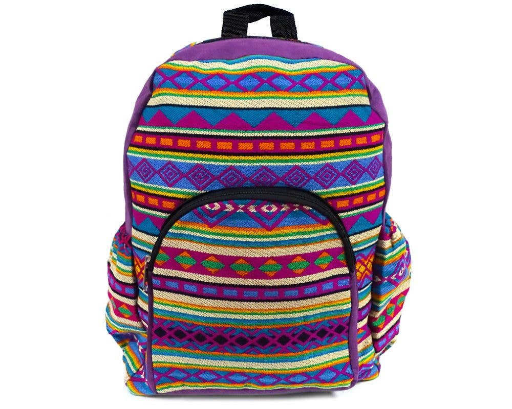 Colorful striped backpack on a white background