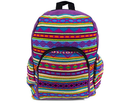 Colorful striped backpack on a white background