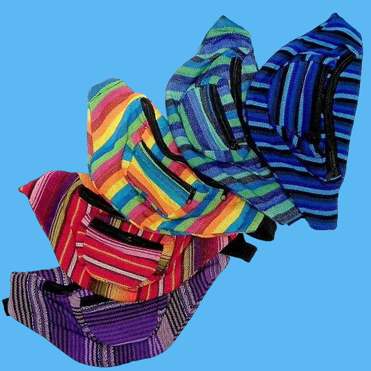 Colorful striped waist bags on a white background