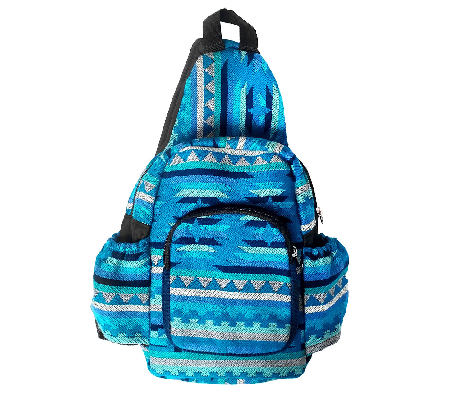Blue patterned backpack on a white background