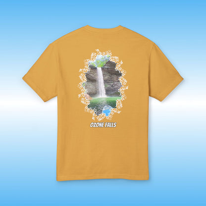 Mustard yellow t-shirt with a waterfall graphic and 'Ozone Falls' text on a blue background