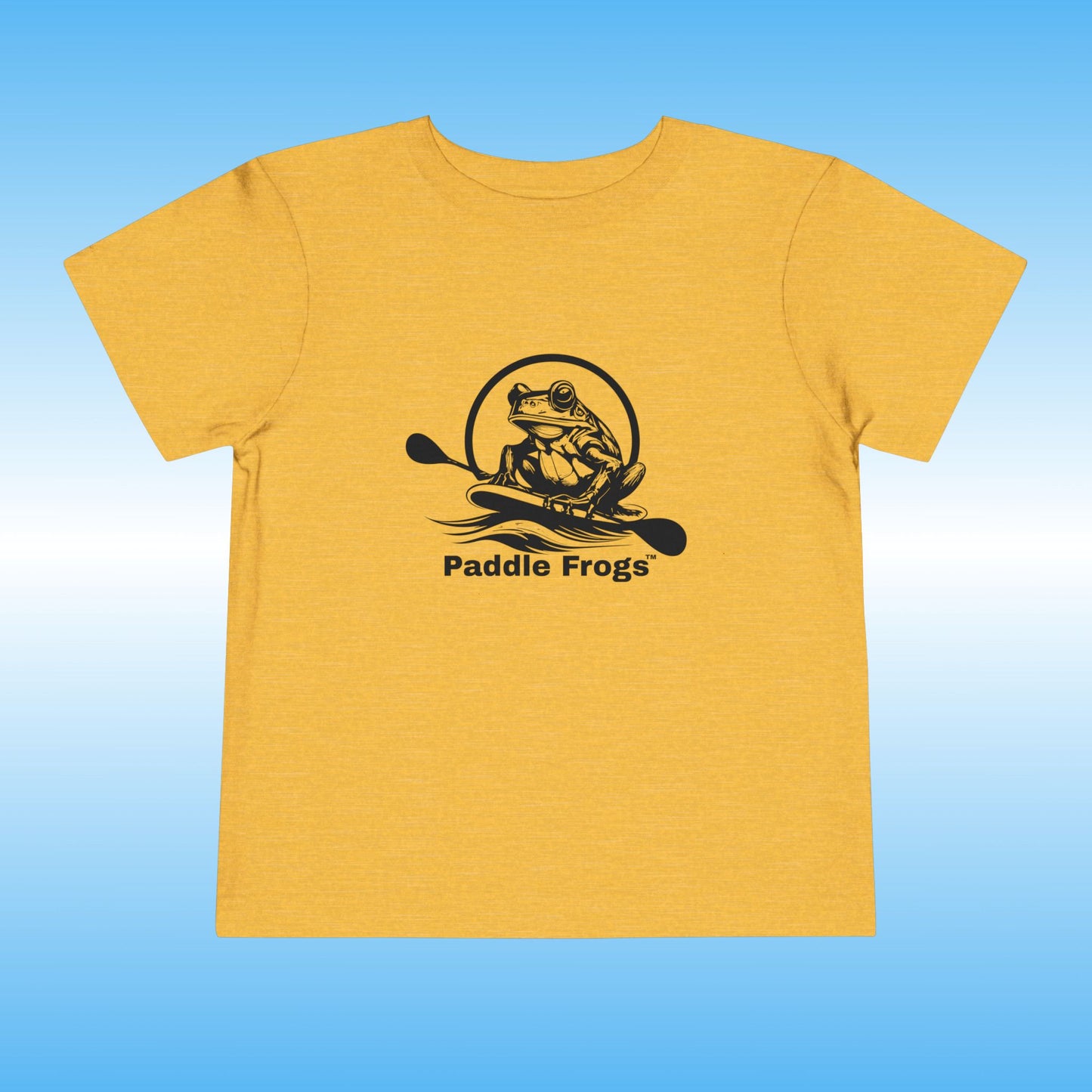 Yellow t-shirt with 'Paddle Frogs' logo on a blue background