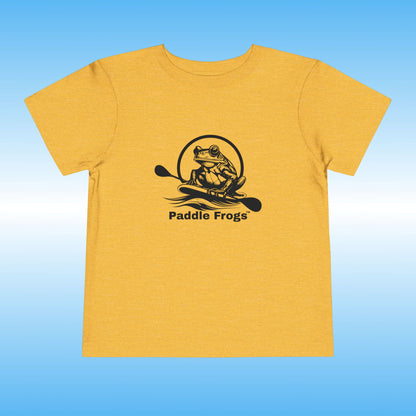 Yellow t-shirt with 'Paddle Frogs' logo on a blue background