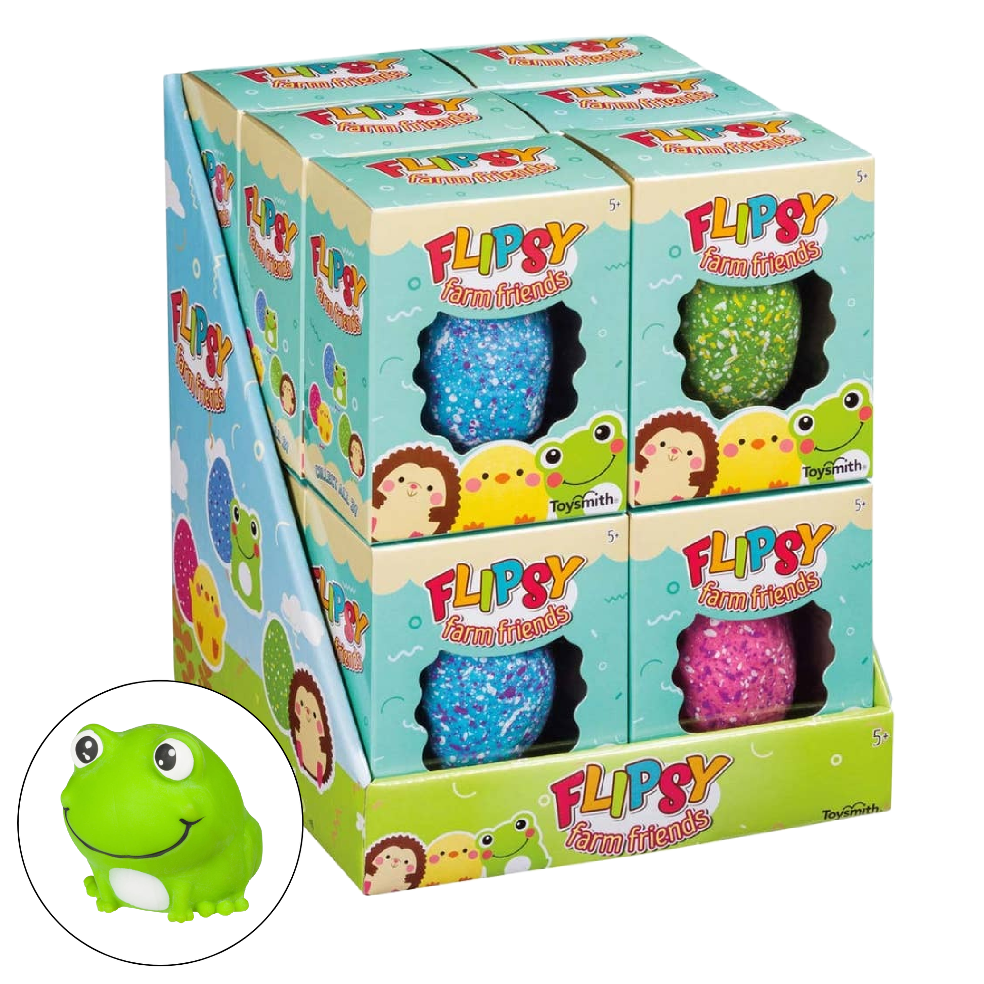 Box of Flippy Farm Friends toys with a close-up of a green toy frog.