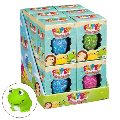 Box of Flippy Farm Friends toys with a close-up of a green toy frog.