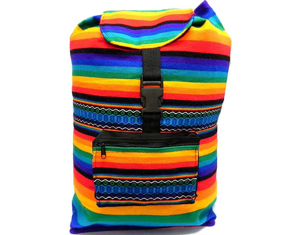 Colorful striped backpack on a white background