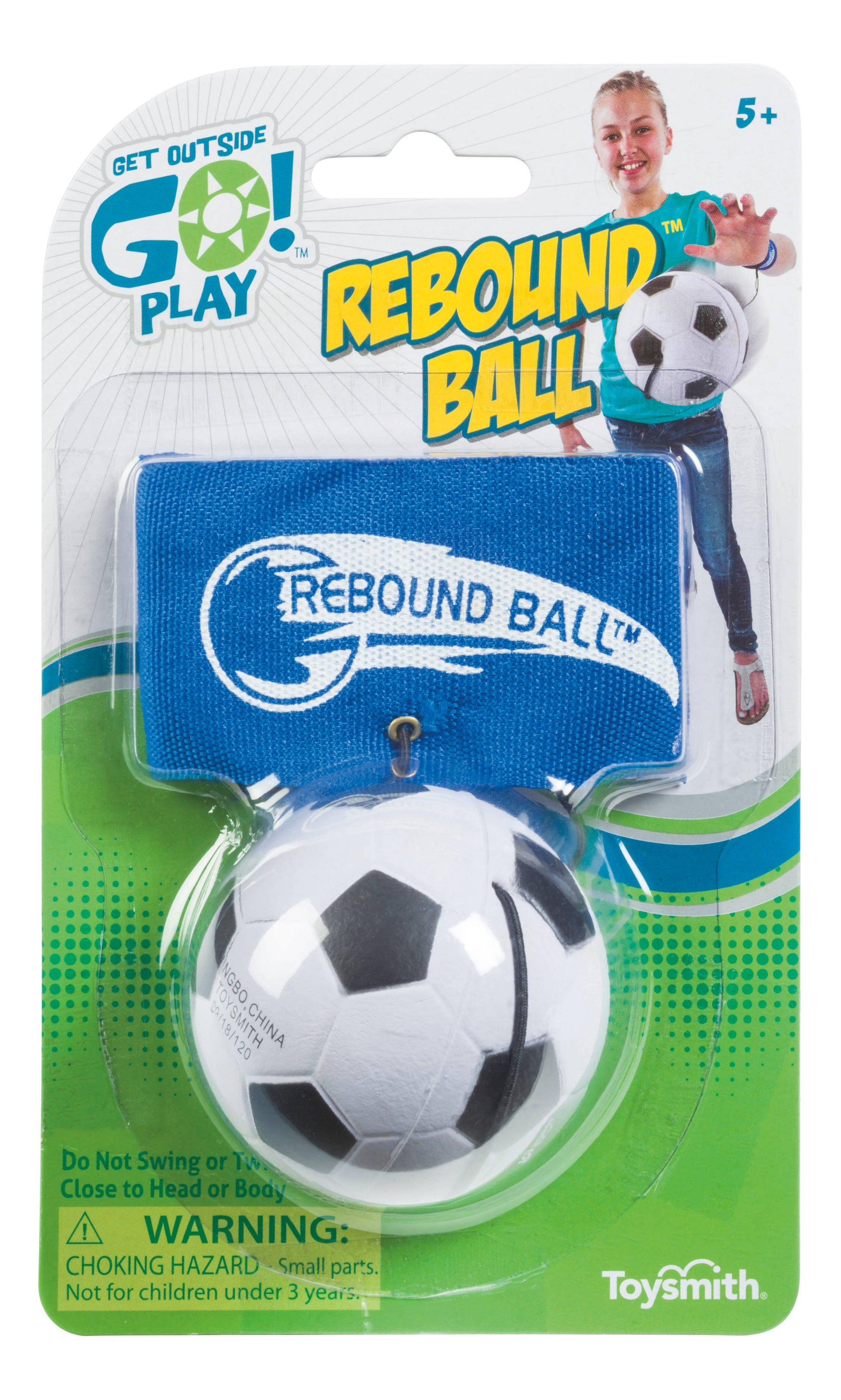 Toy rebound ball packaging with a soccer ball design on a white background