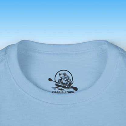 Light blue t-shirt with 'Paddle Frogs' logo on a light blue background