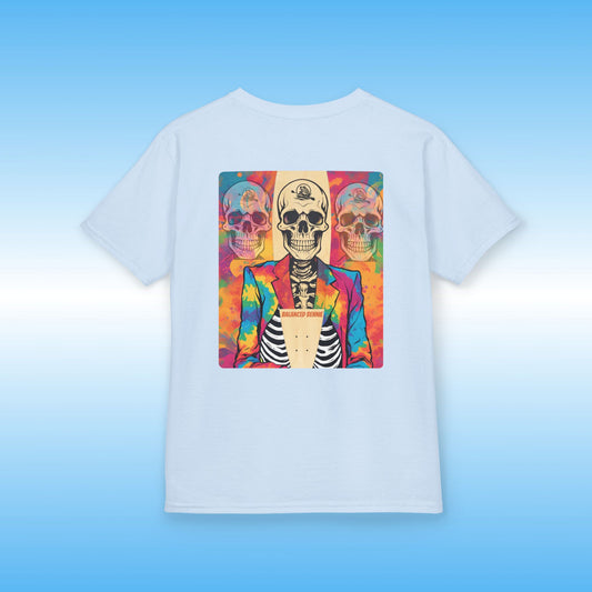 Light Blue t-shirt with a colorful skull design on a blue background