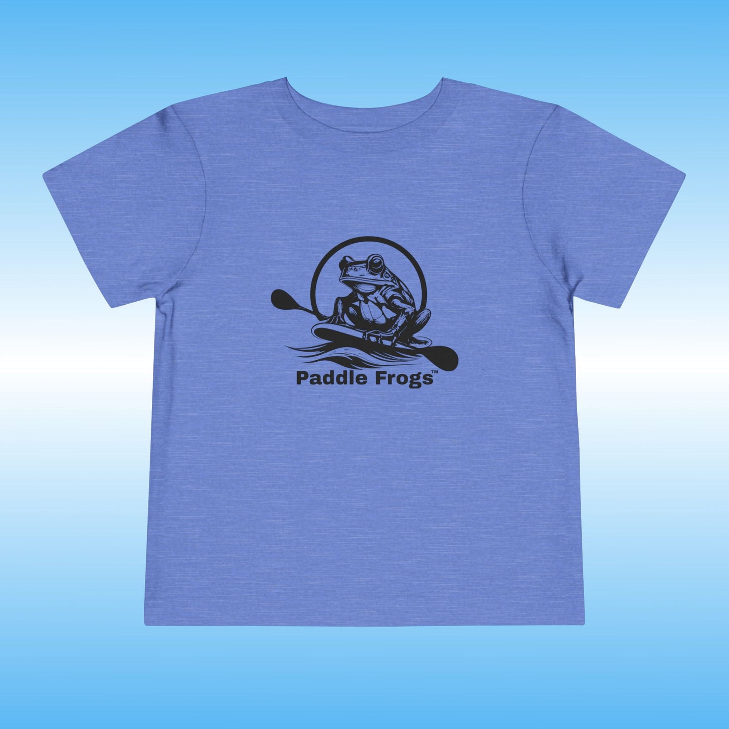 Blue t-shirt with 'Paddle Frogs' logo on a blue background