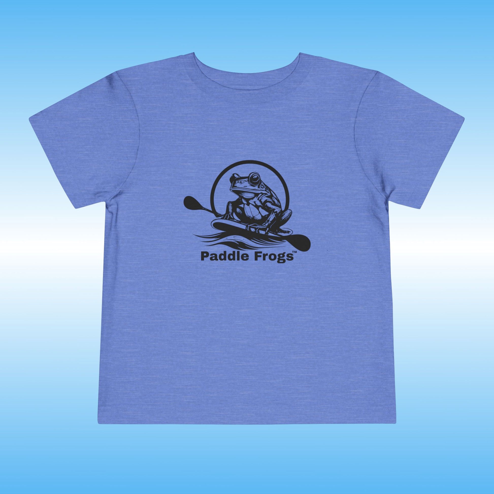 Blue t-shirt with 'Paddle Frogs' logo on a blue background
