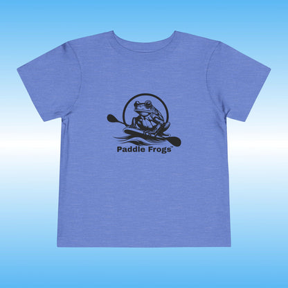 Blue t-shirt with 'Paddle Frogs' logo on a blue background