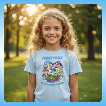 7 year old girl wearing Light Blue | Magic Mushroom Forest Youth Tee - Paddle Frogs™ Kids