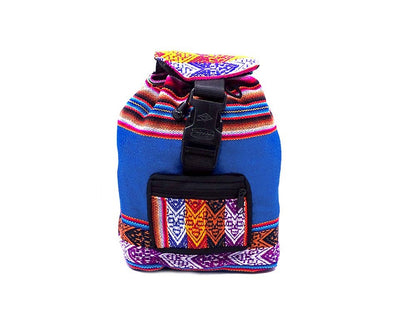 Colorful backpack bag with geometric patterns on a white background