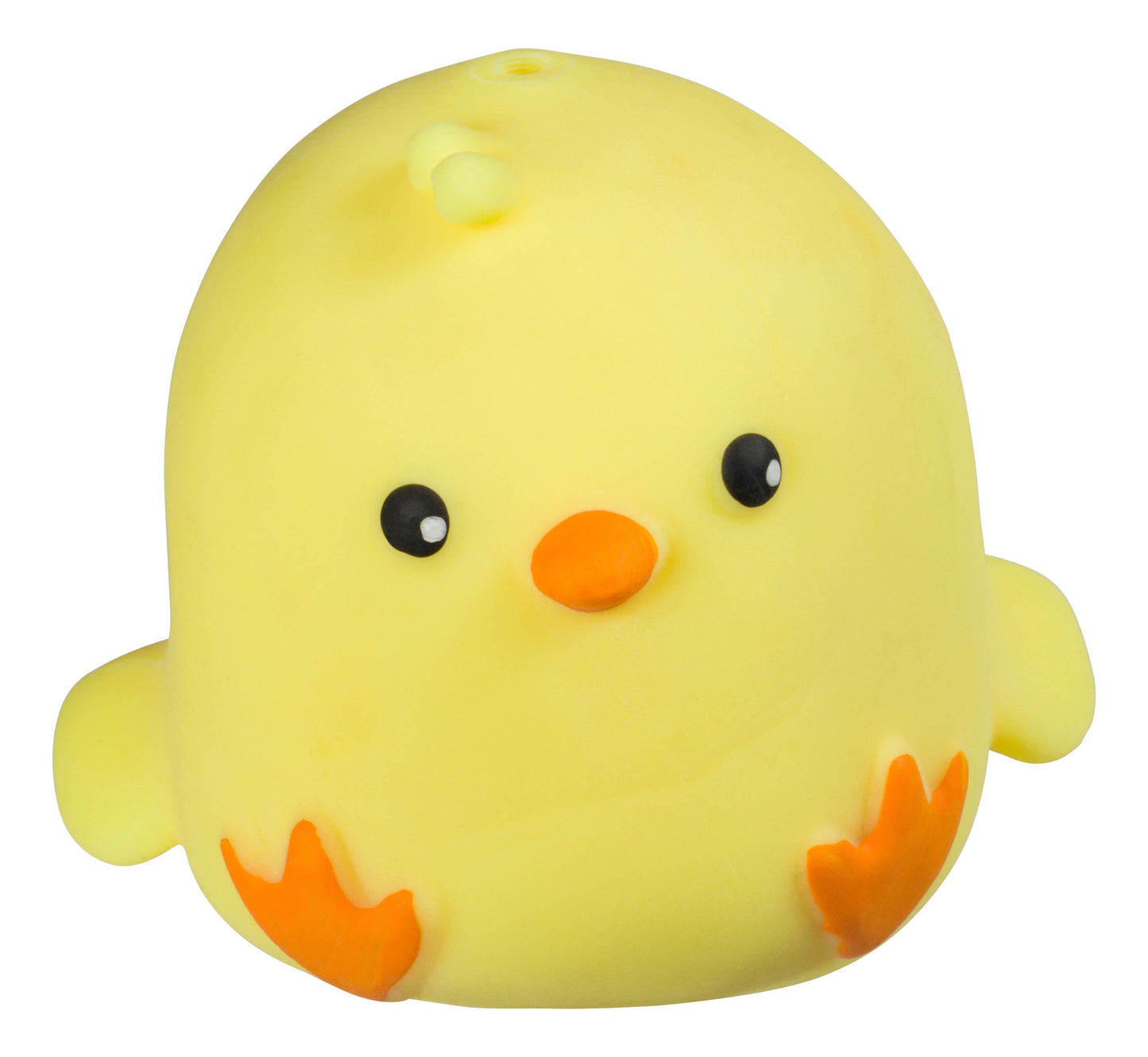 Yellow rubber duck with black eyes and orange beak on a white background