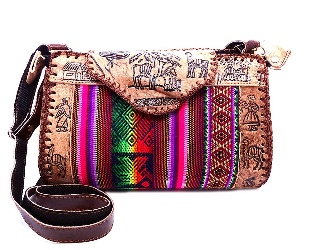 Colorful handbag with tribal patterns on a white background