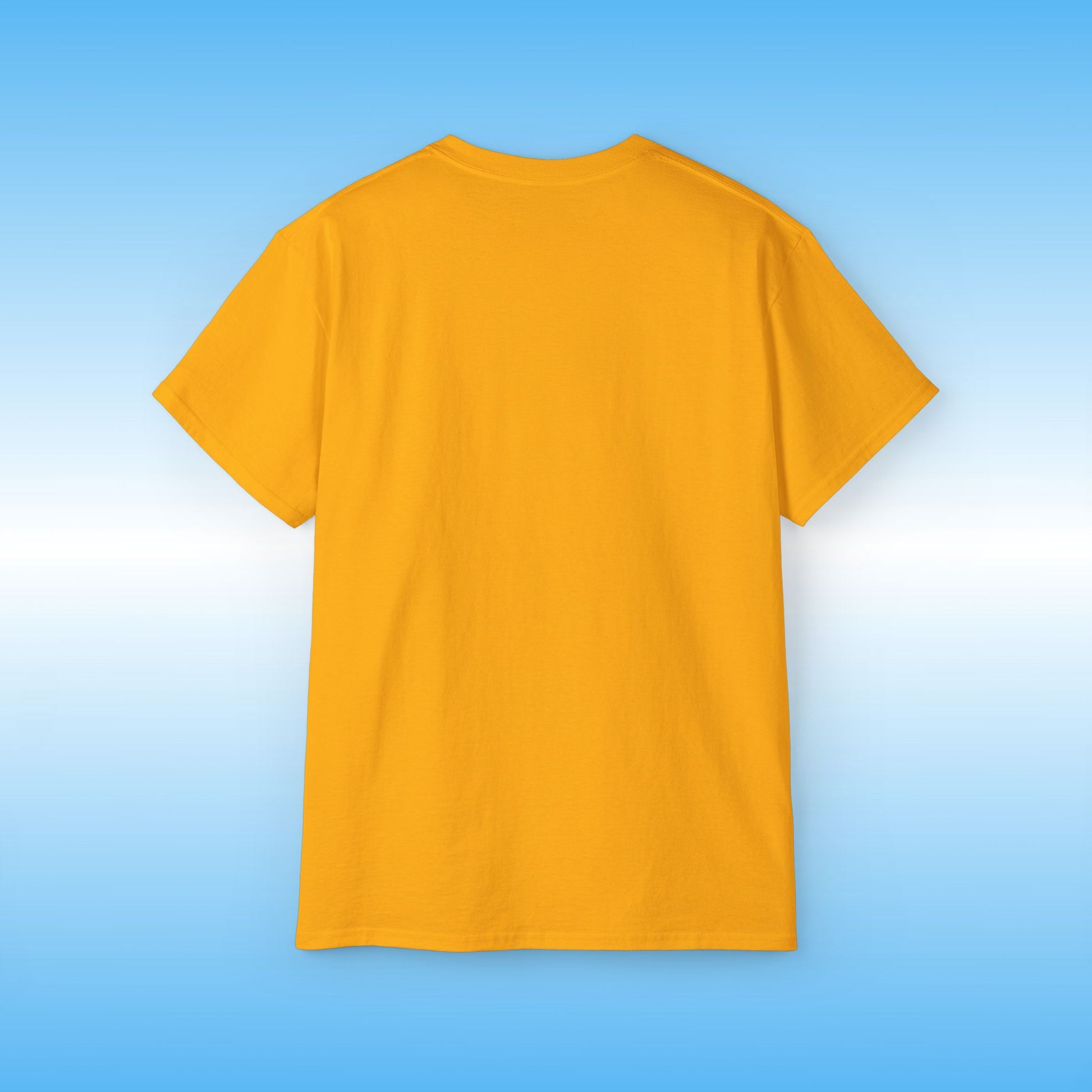 Yellow t-shirt on a blue gradient background