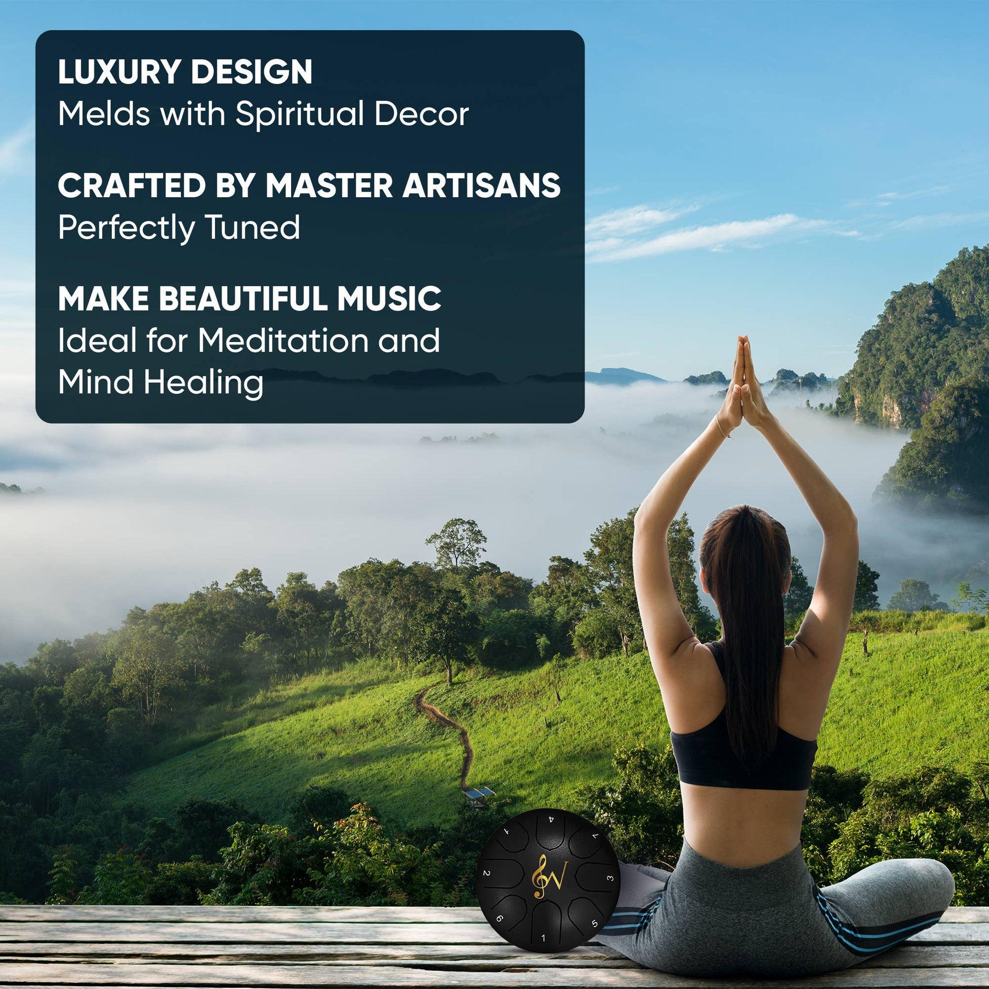Person meditating with a scenic view of a lake and mountains, with text about luxury design and meditation.