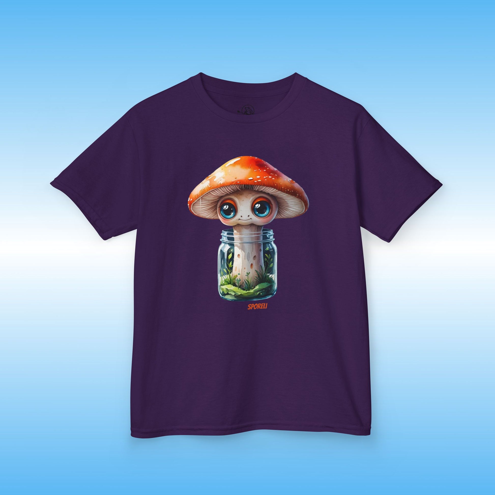 Purple t-shirt with a mushroom design on a blue background Sporeli