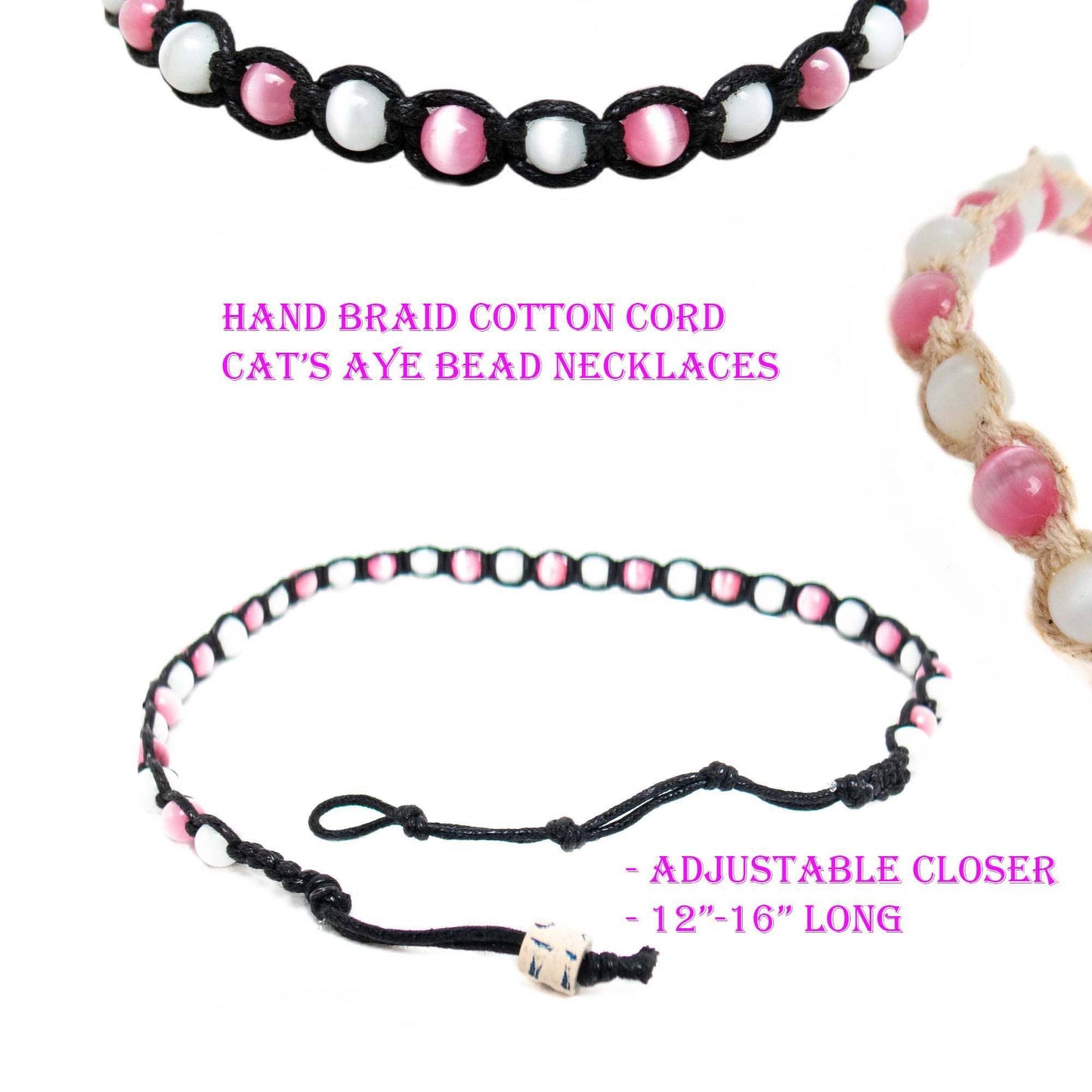 Cat's eye bead necklaces with pink, white, and black beads on a white background.