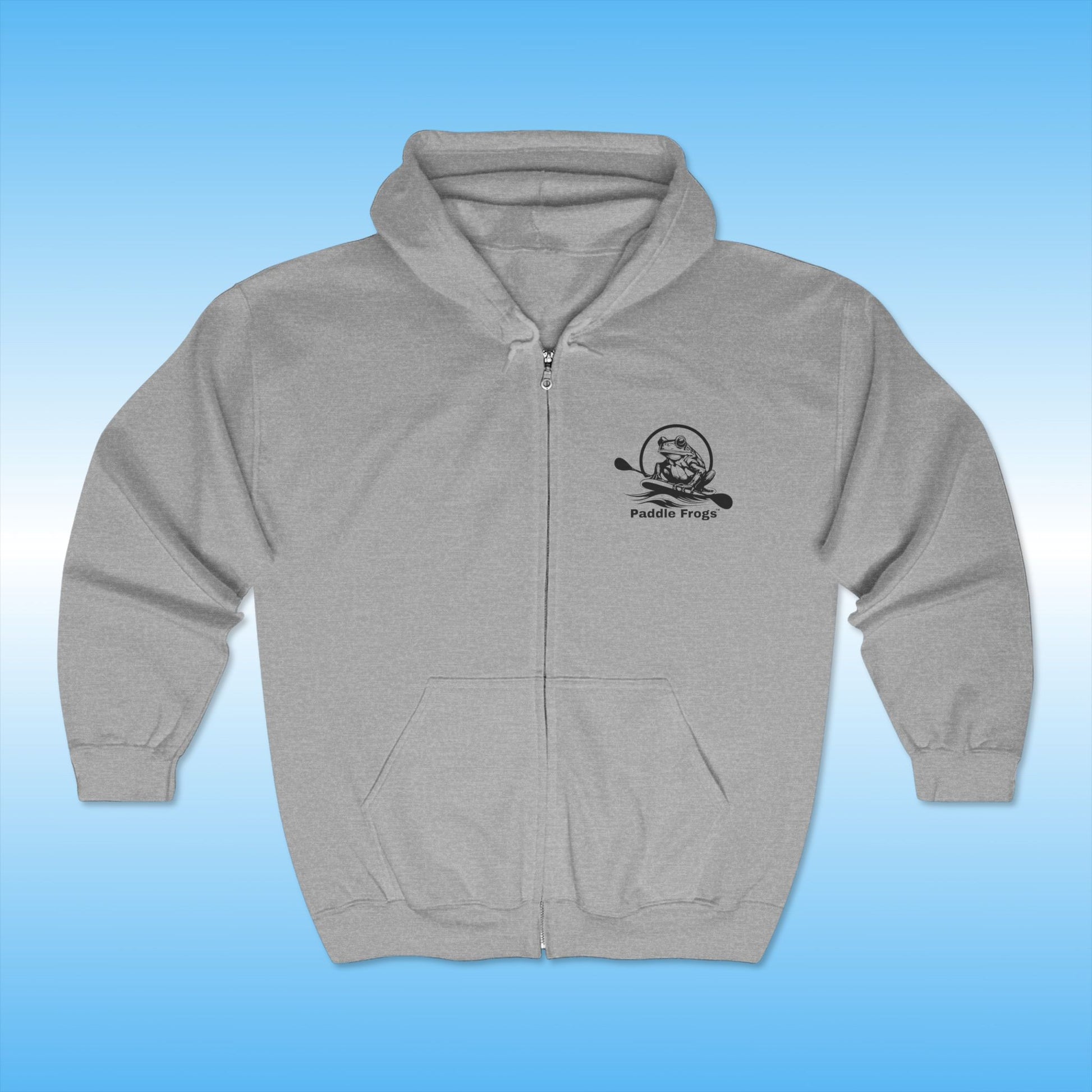 Paddle Frogs Gray hoodie with a logo on a blue background Super Strange Zip Hoodie