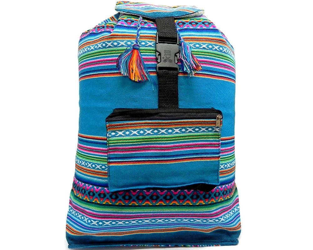 Colorful striped backpack with a blue base on a white background