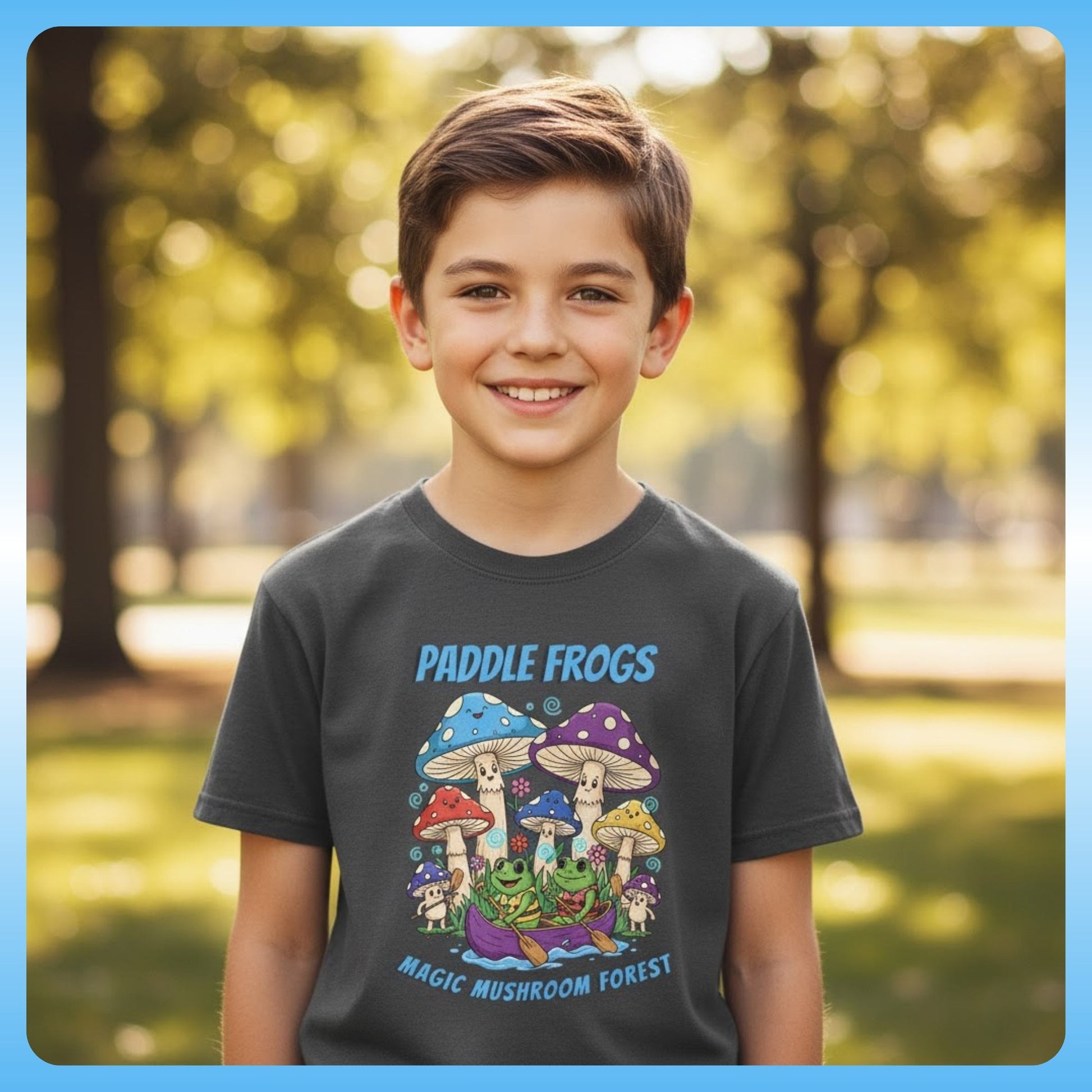 8 year old boy wearing Charcoal Gray | Magic Mushroom Forest Youth Tee - Paddle Frogs™ Kids