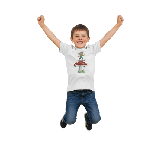 Child wearing a white t-shirt with a mushroom and skateboarding graphic design, jumping on a white background