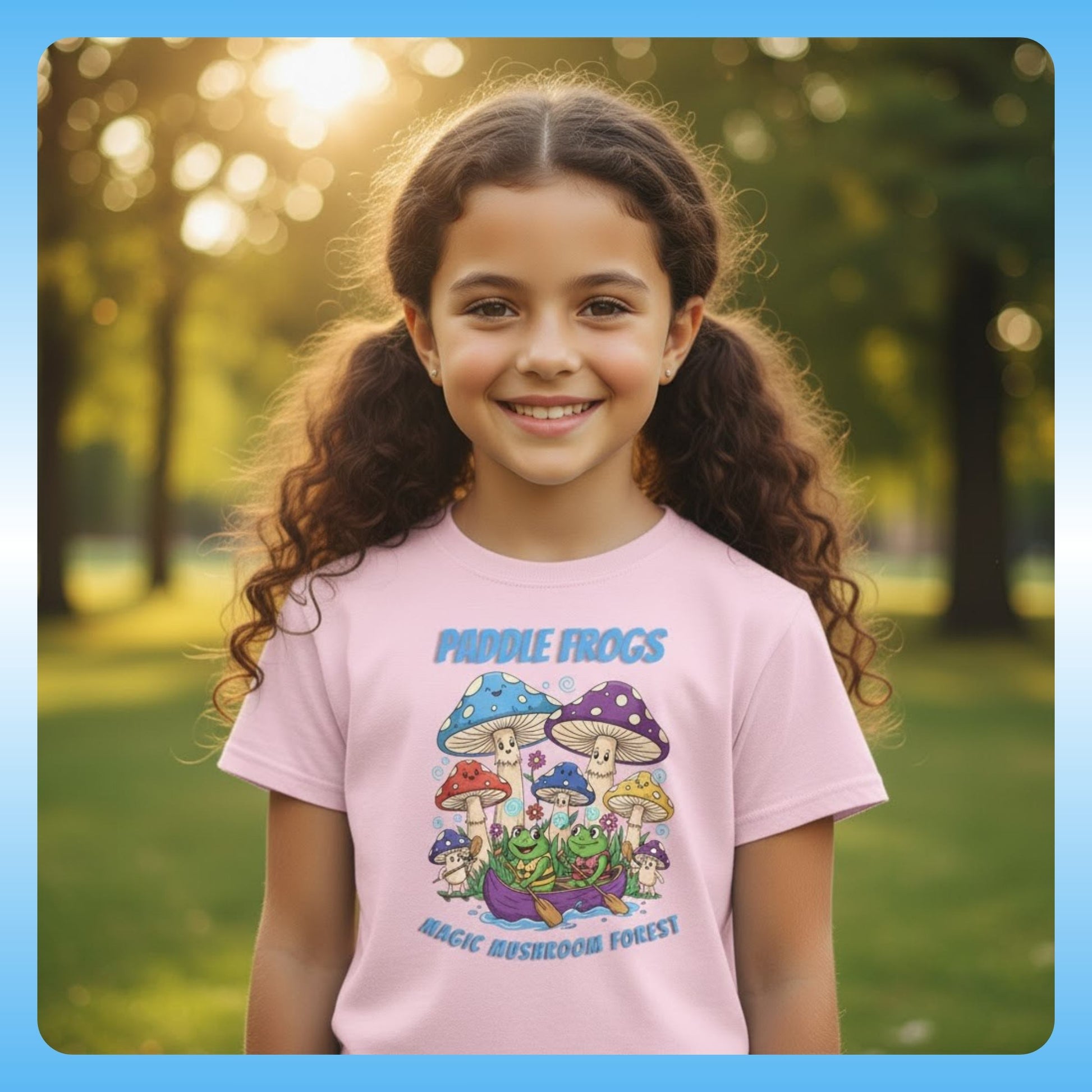 8 year old girl wearing Light Pink | Magic Mushroom Forest Youth Tee - Paddle Frogs™ Kids
