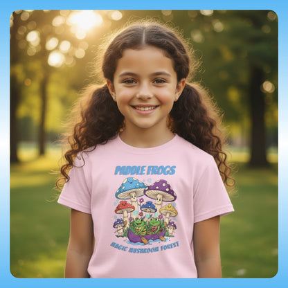 8 year old girl wearing Light Pink | Magic Mushroom Forest Youth Tee - Paddle Frogs™ Kids