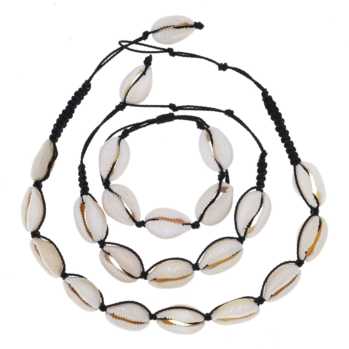 Necklace made of white shell beads on a black cord against a white background