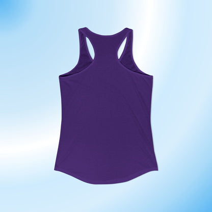 A purple racerback tank top shown from the back, centered on a light blue gradient background.
