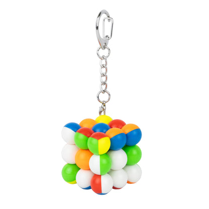 Colorful cube-shaped keychain with a metal clip on a white background