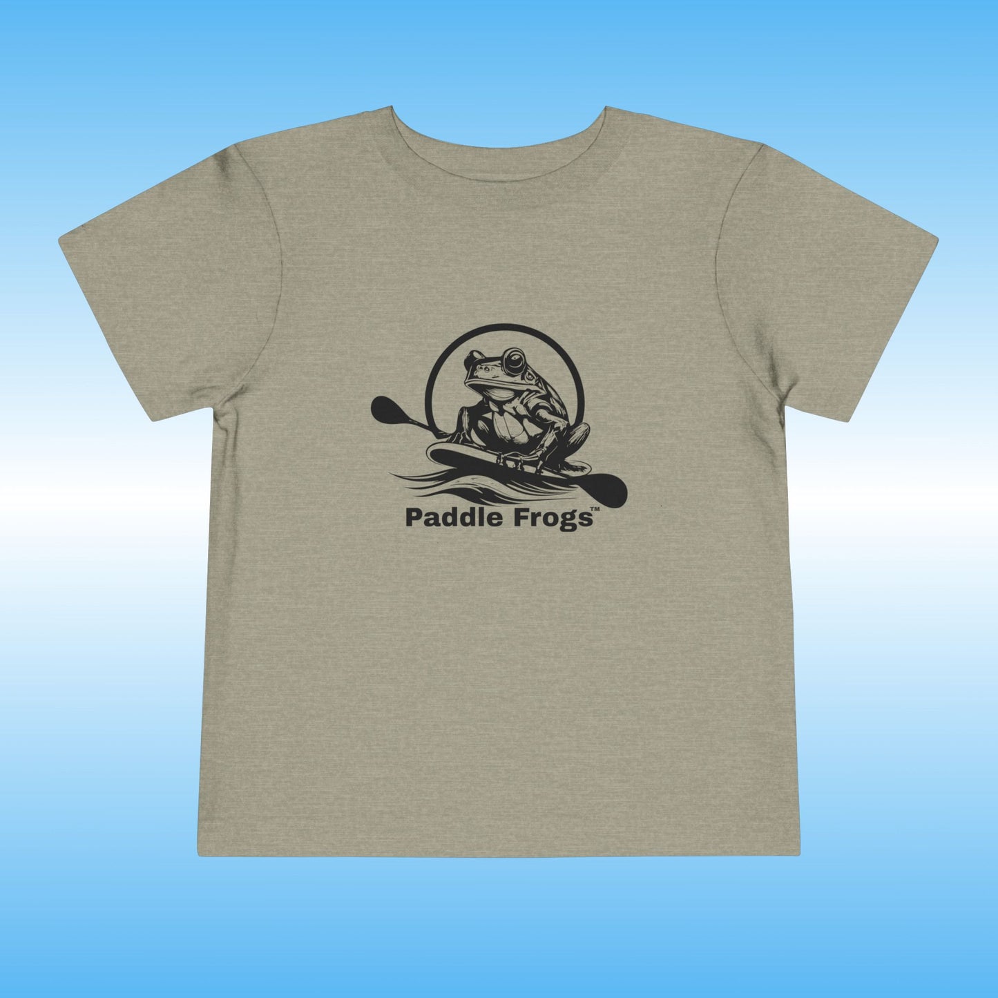 gray t-shirt with 'Paddle Frogs' logo on a blue gradient background