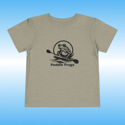 gray t-shirt with 'Paddle Frogs' logo on a blue gradient background