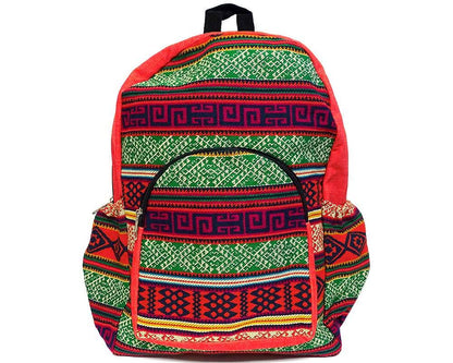 Colorful backpack with geometric pattern on a white background