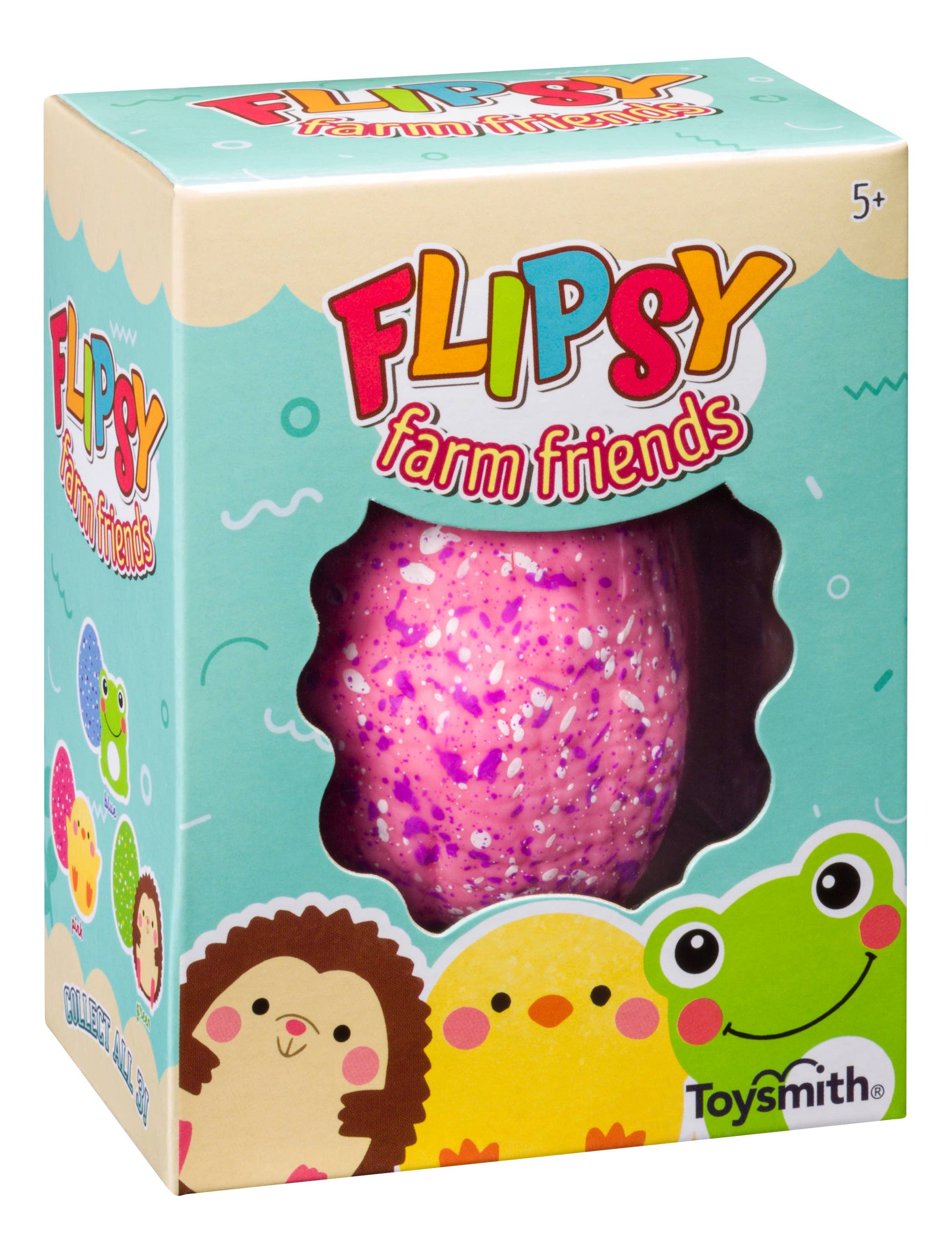 Box of Flipsy Farm Friends toy with a pink glittery egg inside, featuring Toysmith branding.
