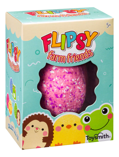 Box of Flipsy Farm Friends toy with a pink glittery egg inside, featuring Toysmith branding.