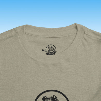 Beige t-shirt with a black logo on a blue background