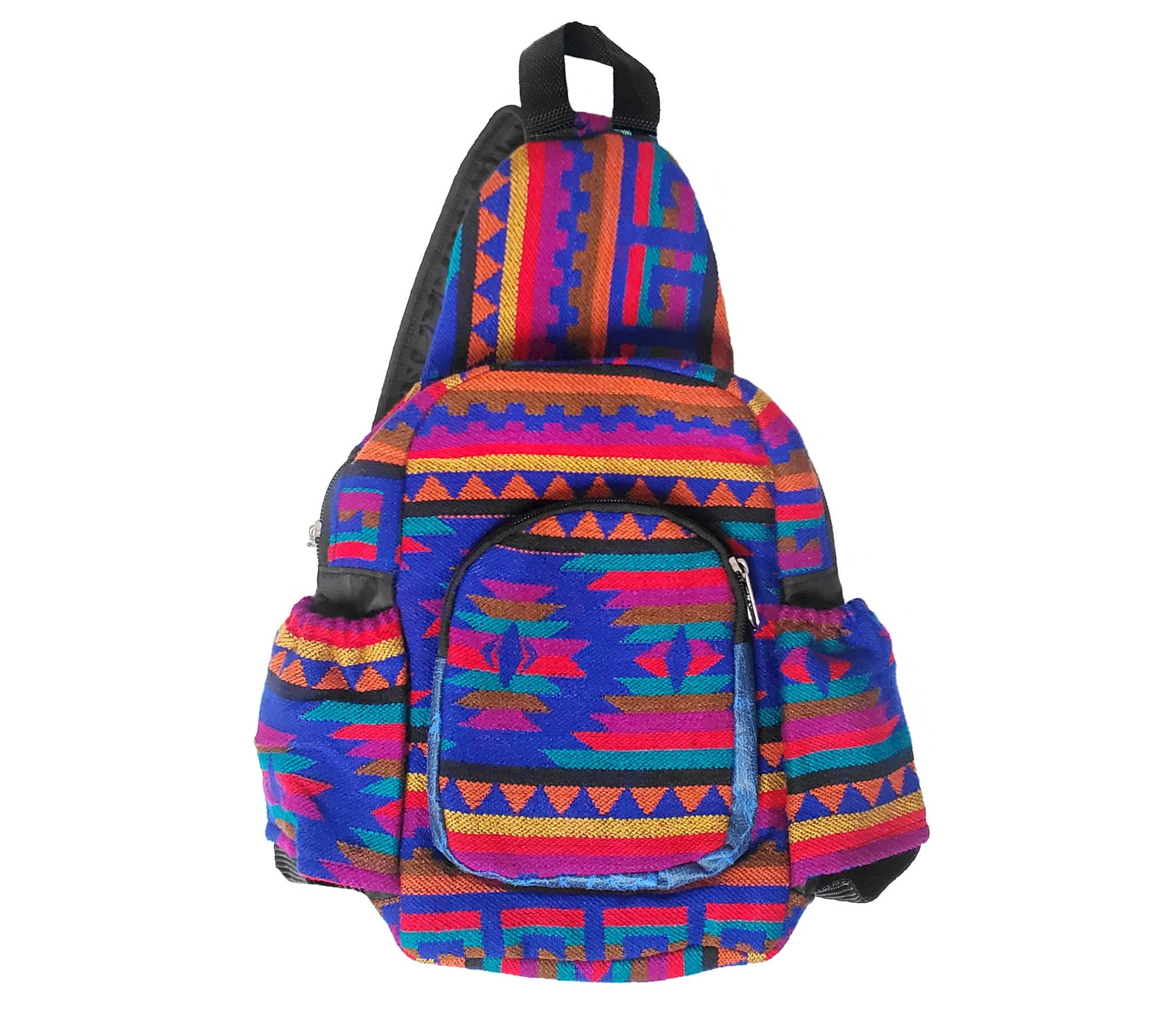 Colorful patterned backpack on a white background