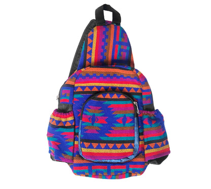 Colorful patterned backpack on a white background