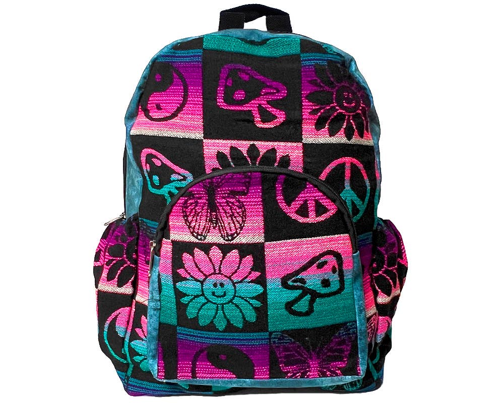 Backpack with mushrooms, flowers, Ying yang and colorful abstract patterns on a white background