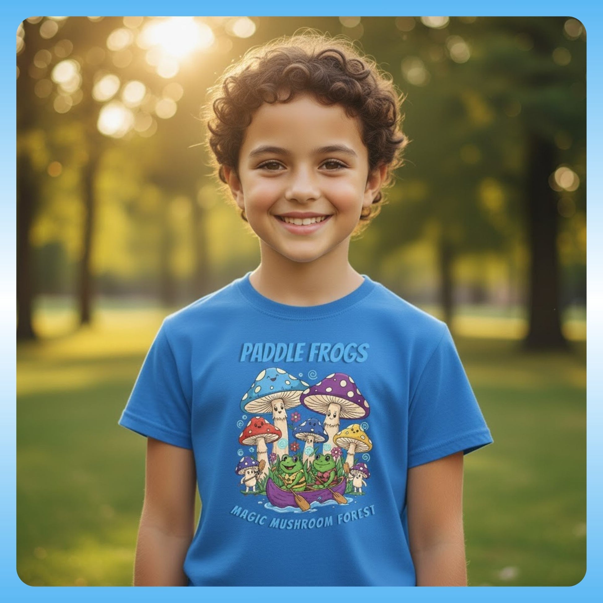9 year old girl wearing Sapphire Blue | Magic Mushroom Forest Youth Tee - Paddle Frogs™ Kids