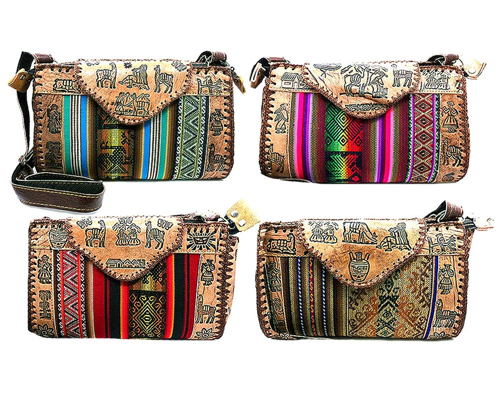 4 four patterned handbags with tribal designs and colorful stripes.