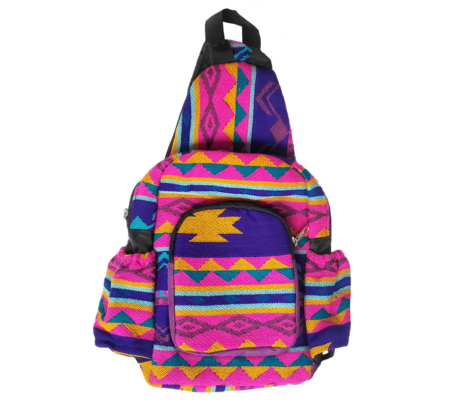 Colorful patterned backpack on a white background