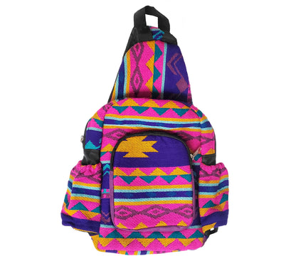 Colorful patterned backpack on a white background