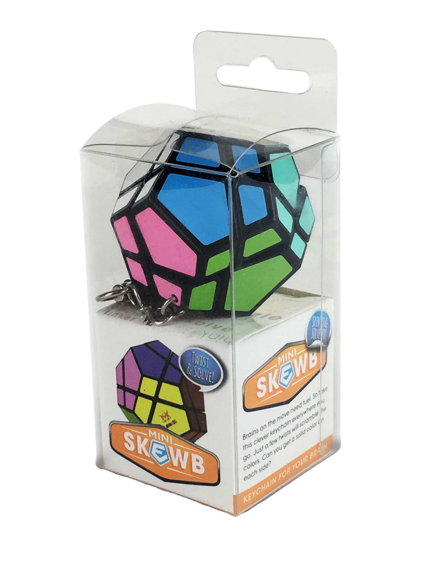 Colorful Skewb puzzle in packaging with brand logo