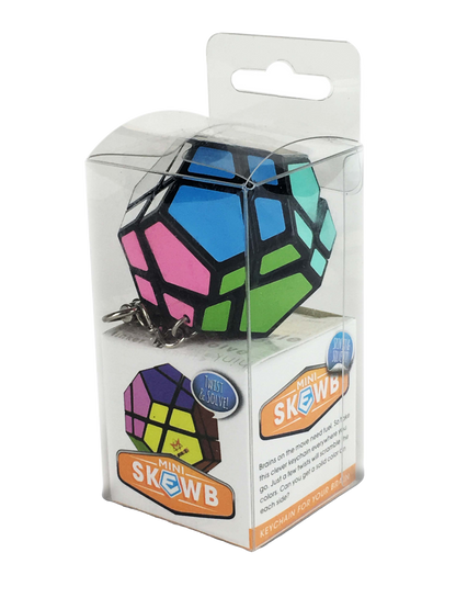 Colorful Skewb puzzle in packaging with brand logo