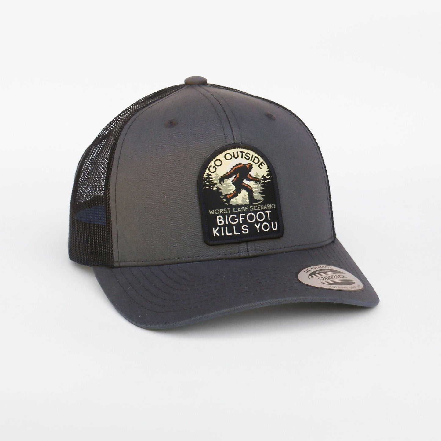 Go Outside Bigfoot Kills You Trucker Hat - Orange & Khaki